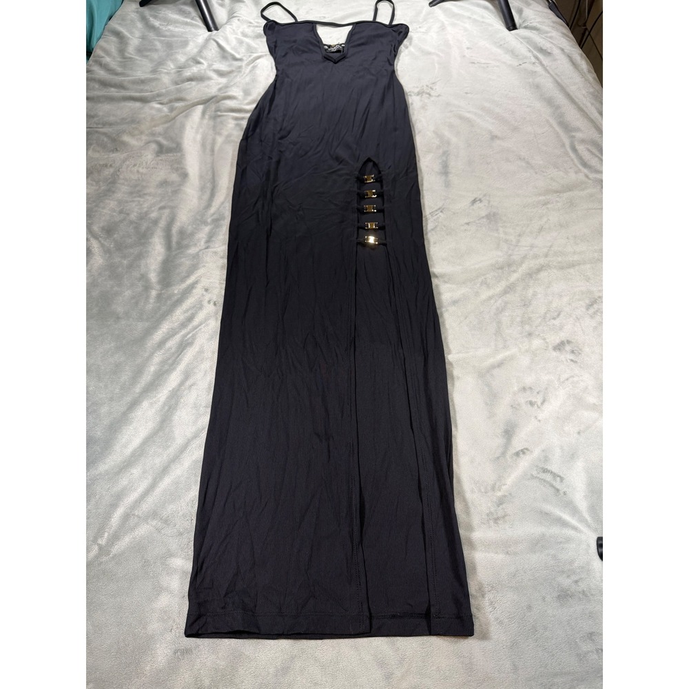 Icon Swim The OB Maxi Front Slit Dress Black Rib Knit XS NWT $45 Cut Out Detail